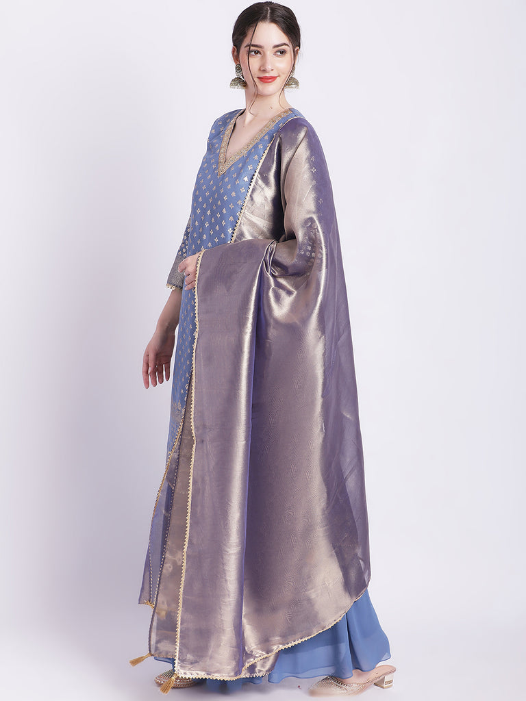 Women's Dusty Blue Badla Kurti With Gathered Palazzo And Organza Shine Dupatta