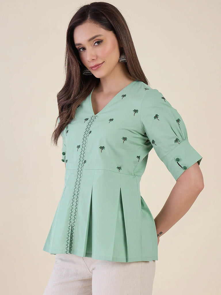 Women's Mint Green Embroidered Peplum Top