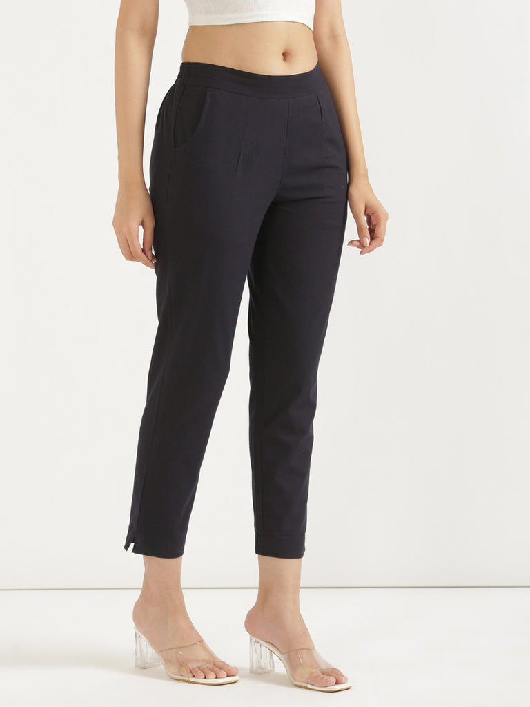 Women's 100% Cotton Everyday Wear Cotton Navy Blue Trouser