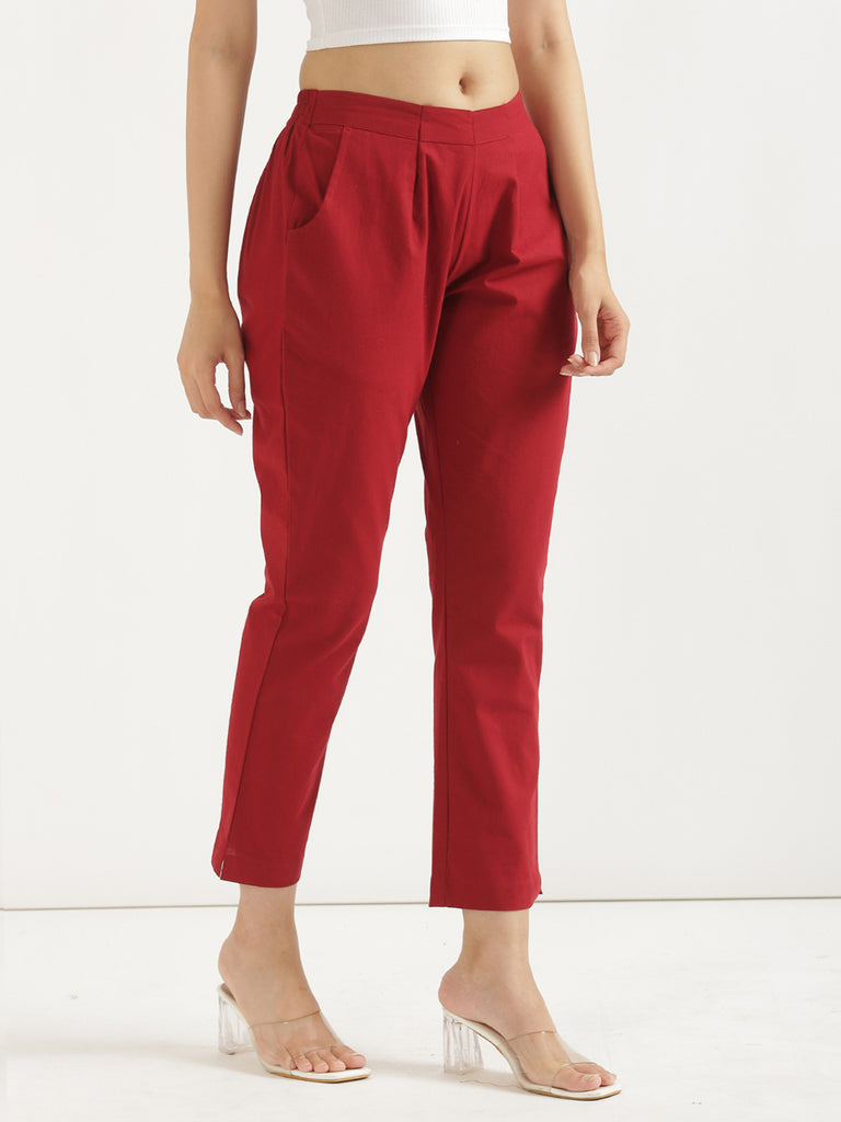 Women's 100% Cotton Everyday Wear Cotton Red Trouser