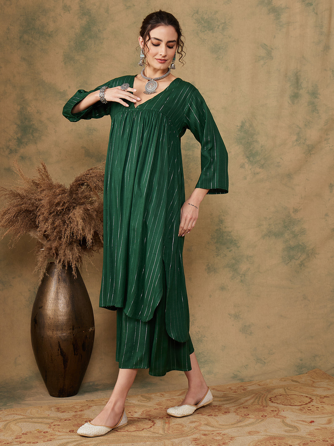 Women's Pine Green Lurex Flared V Neck Kurta Palazzo Set - InWeave