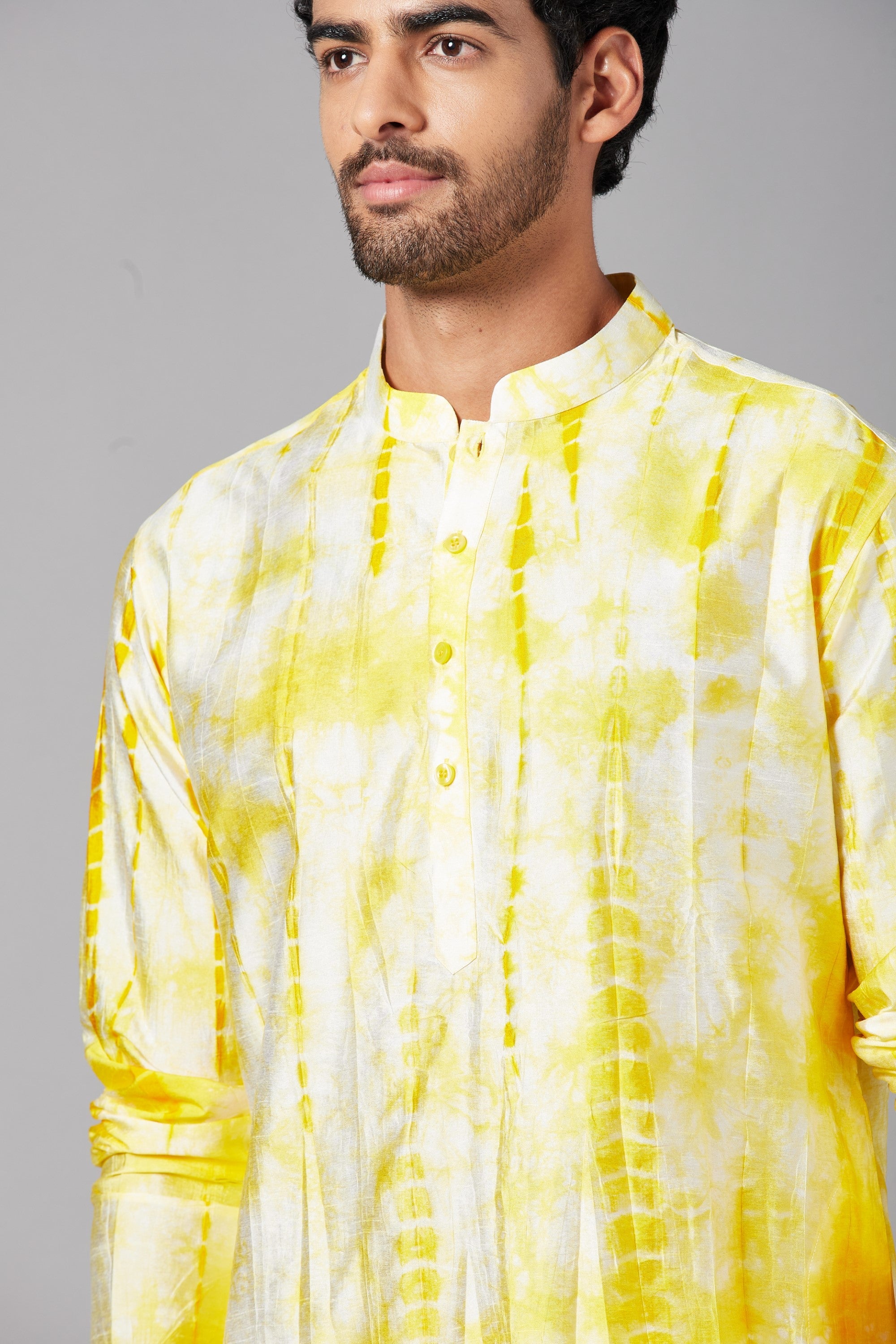 Men's Yellow & White Color Tintlo Yellow Tie & Die Kurta Semi Rawsilk Mix