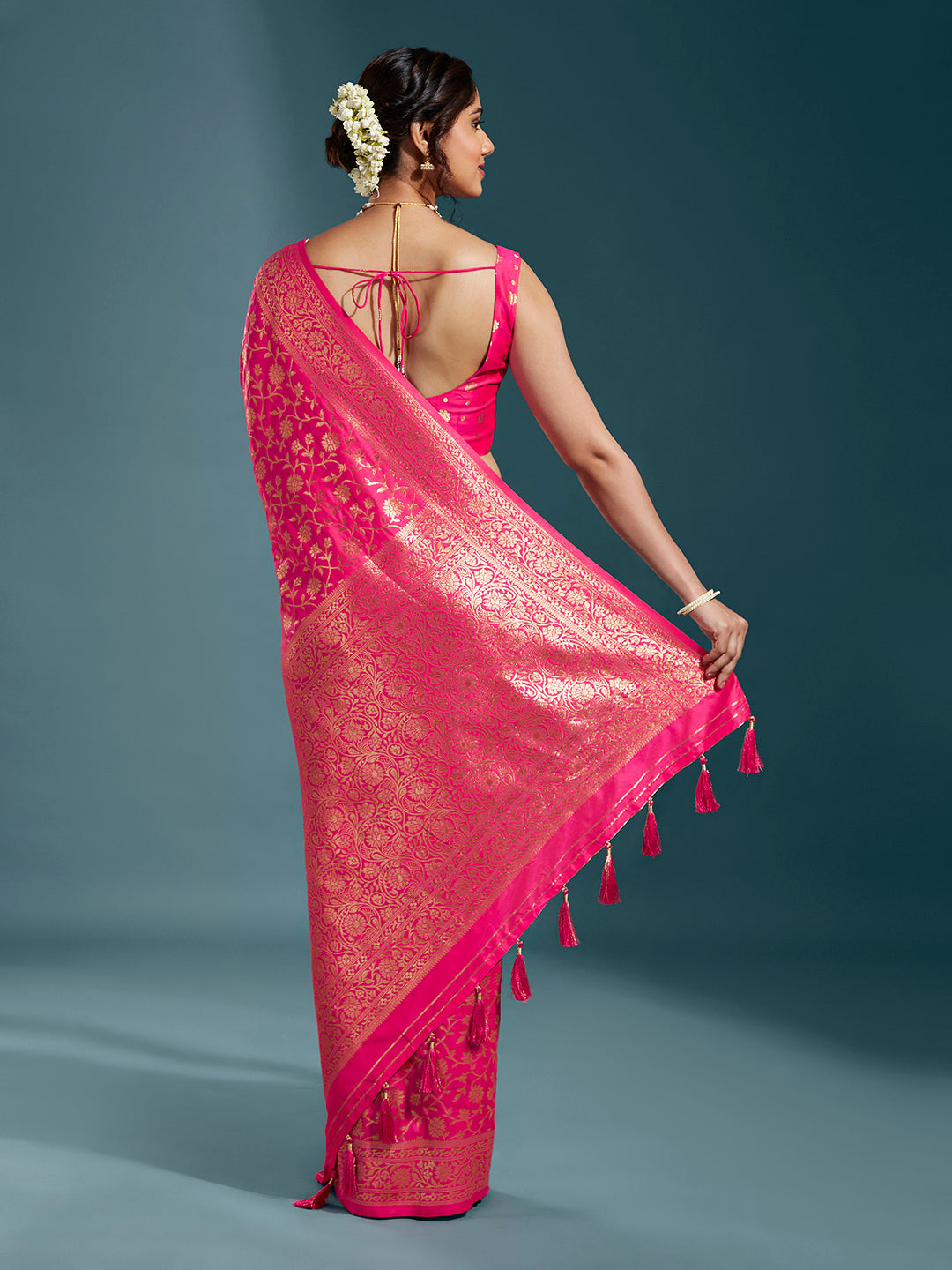 Women's Pink & Gold Satin Paisley Zari With Beautiful Jaal Banarasi Saree - Royal Dwells