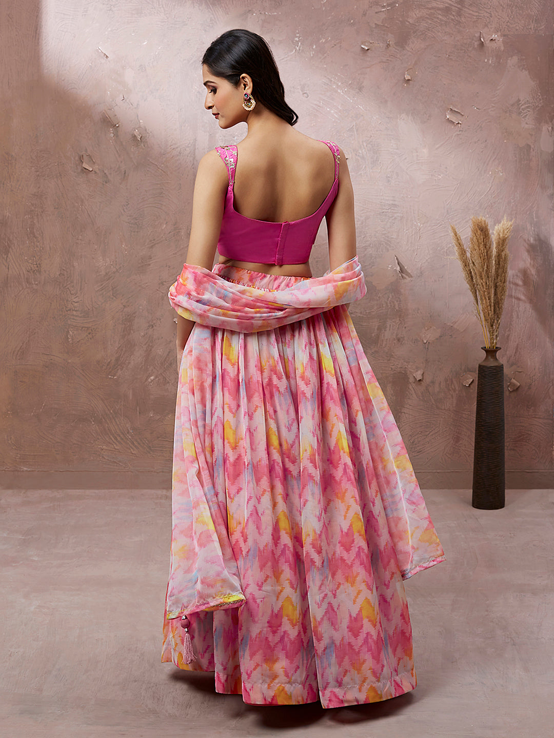 Women's Pink Organza Floral Printed Semi-Stitched Lehenga Choli & Dupatta - Royal Dwells