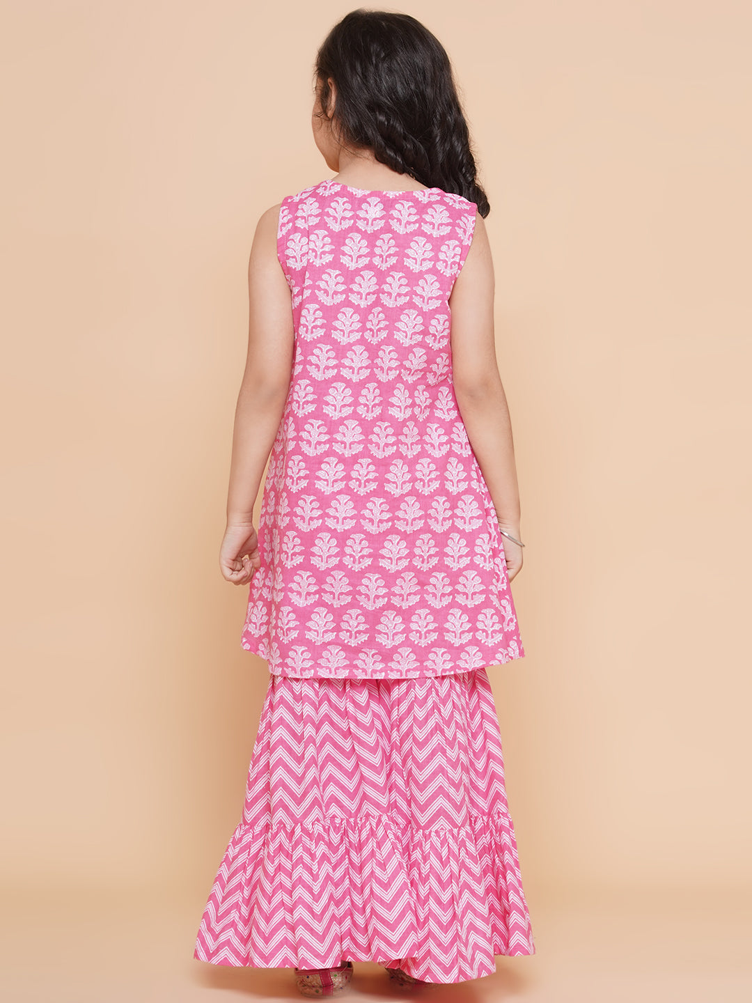 Girl's Pink Floral Printed  Pure Cotton Kurta With Sharara - Bitiya By Bhama