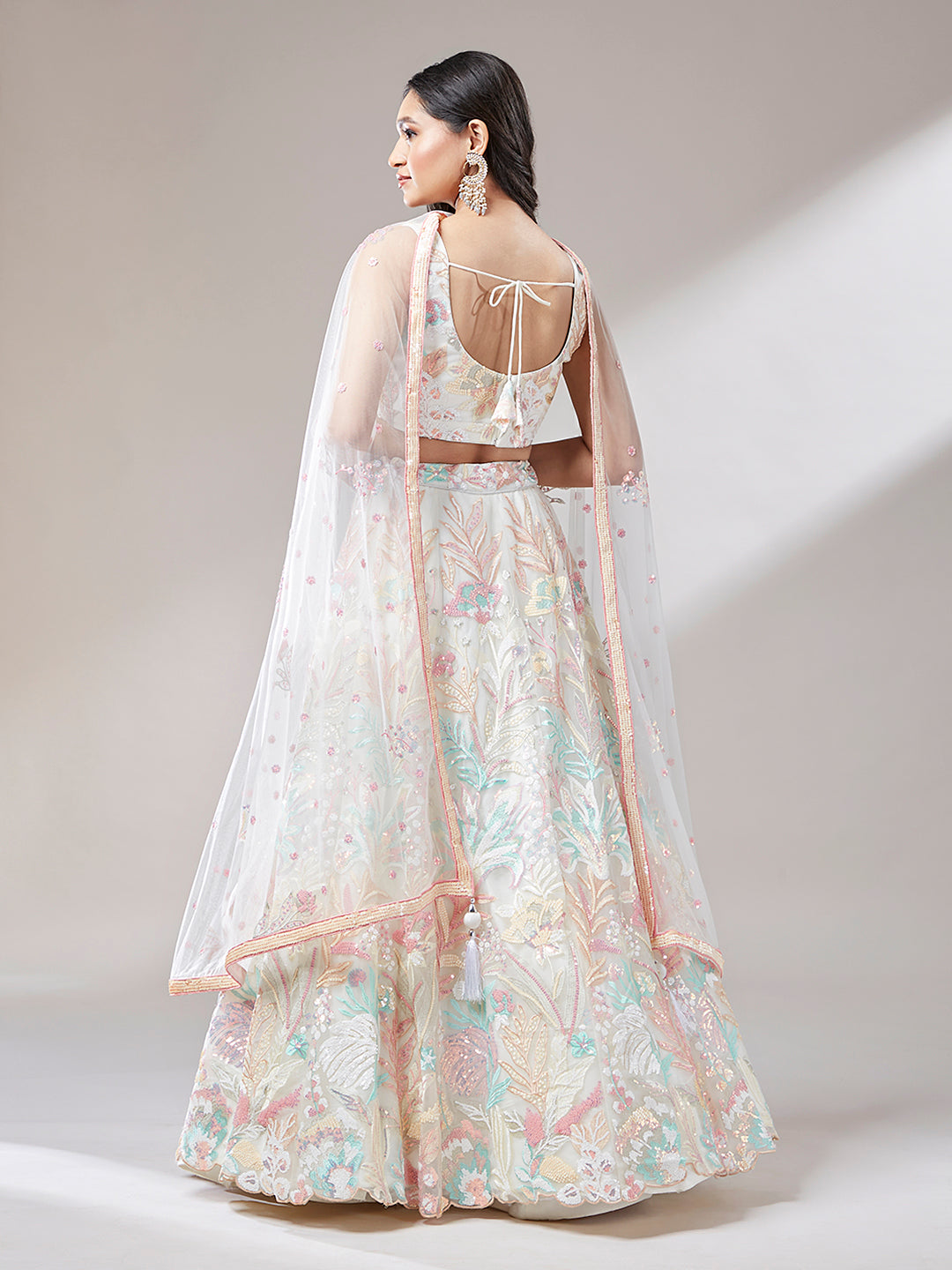 Women 's Cream Net Sequinse Work Ready to Wear Lehenga & stitched Blouse with Dupatta - Royal Dwells