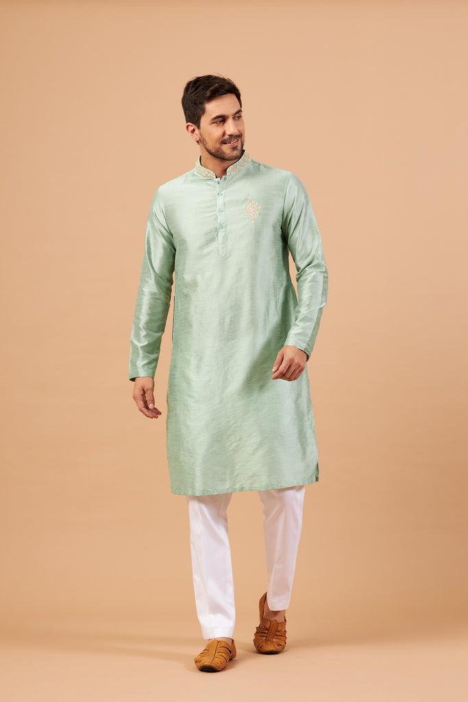 Men's Pastel Green Color Amil Traditional Embroidered Kurta Semi Raw Silk Mix