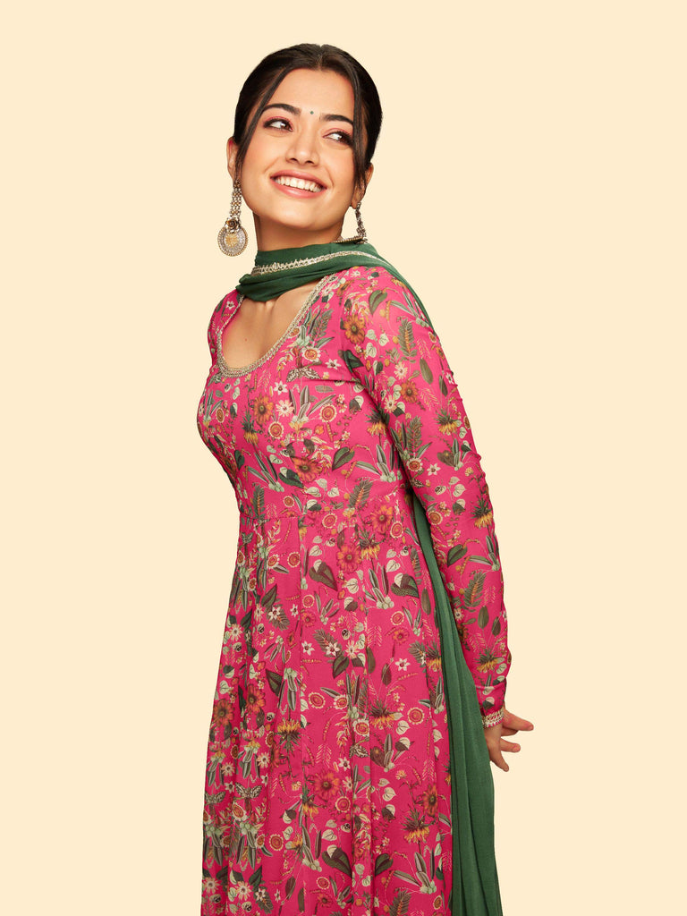 Women's Pink Digital Floral Printed Georgette Set