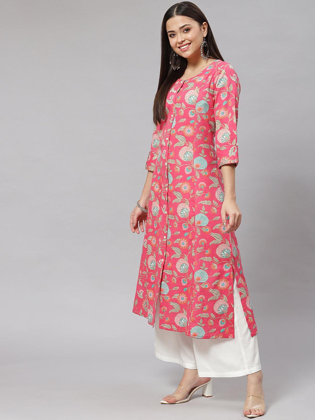 Women's Pink Floral Cotton Flex A-line Kurta - Taantav