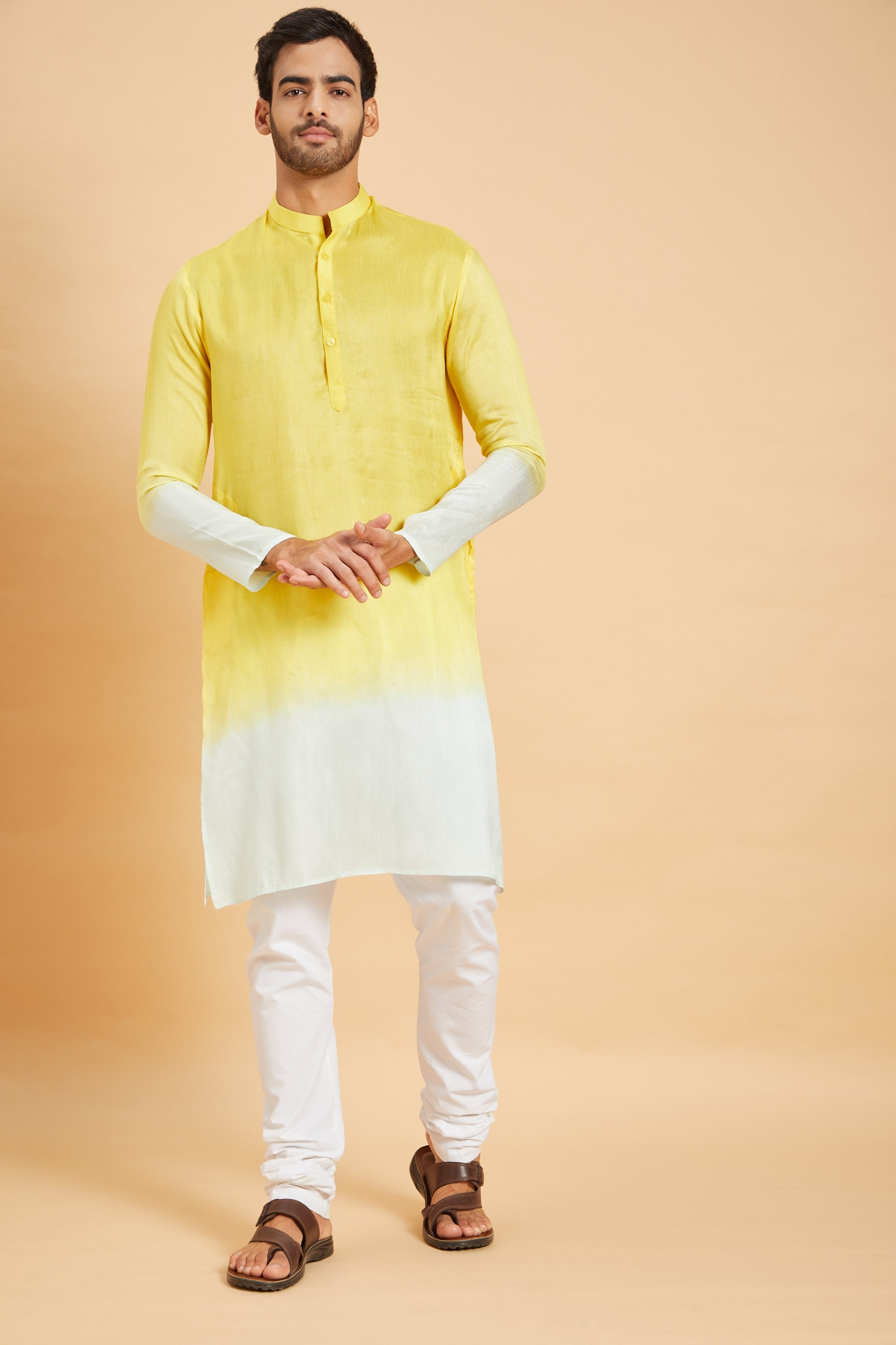 Men's Yellow Color Lahza Yellow Ombre Kurta Silk - Hilo Design