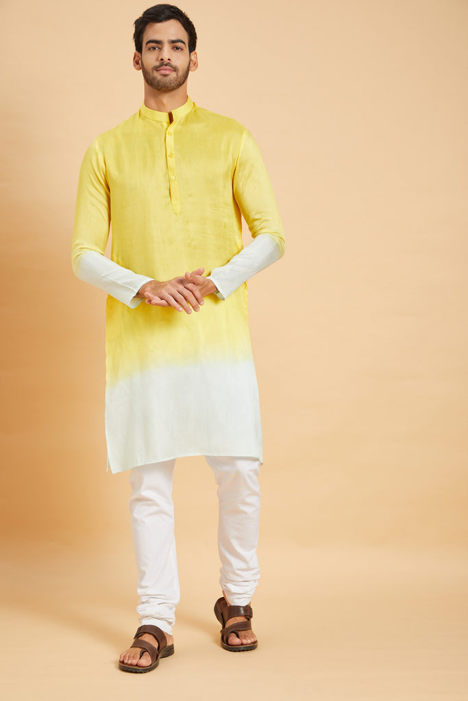 Men's Yellow Color Lahza Yellow Ombre Kurta Silk