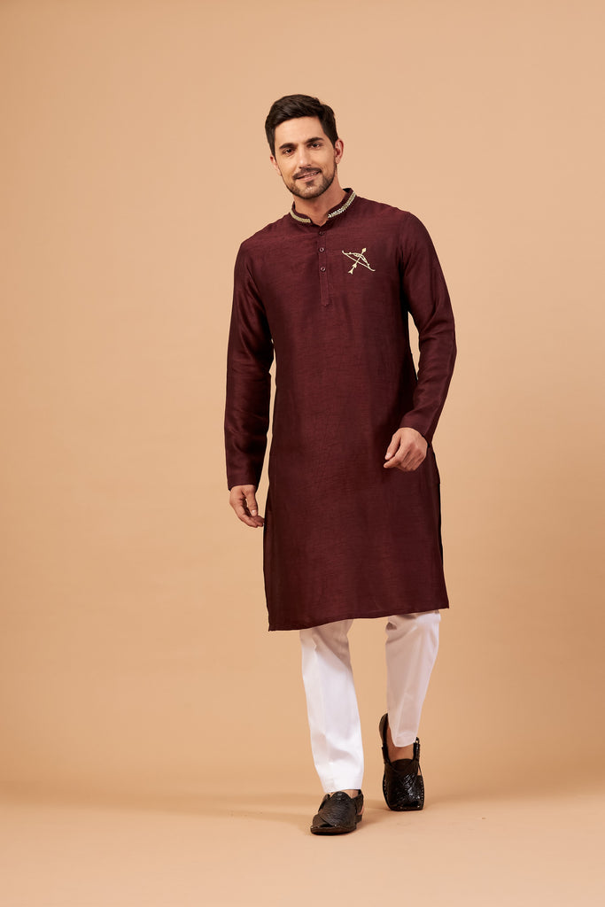 Men's Maroon Color Adira Gold Zari Embroidered Kurta Semi Raw Silk Mix