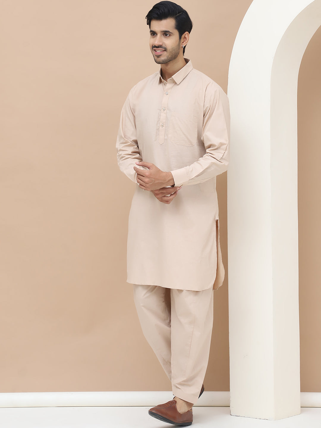 Men's  Beige Cotton Solid Kurta Set - Grage