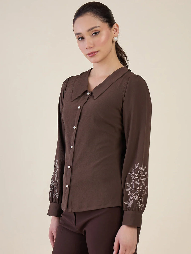 Women's Brown Embroidered Peter Pan Collar Shirt