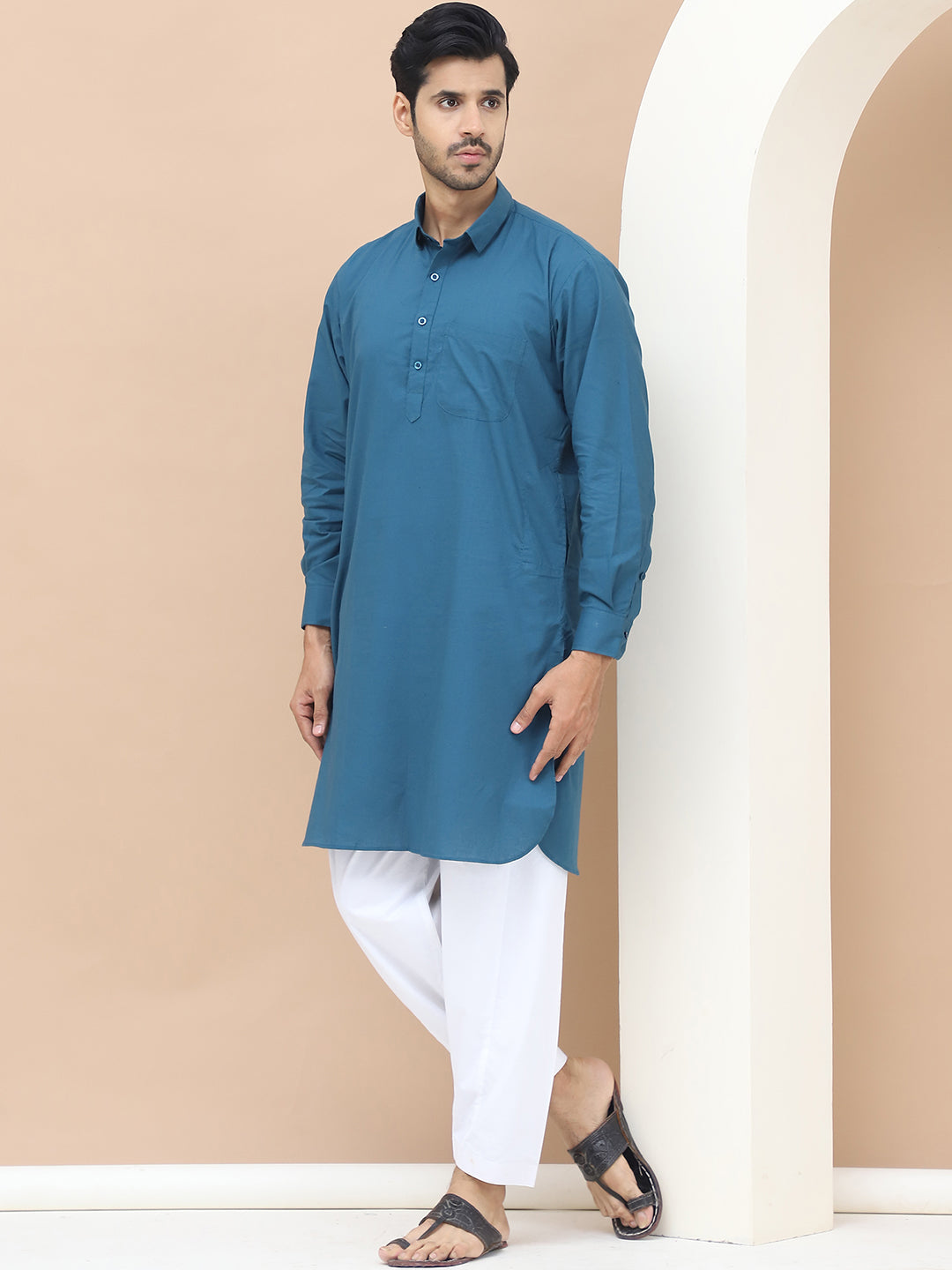 Men's  Teal Cotton Solid Kurta Set - Grage