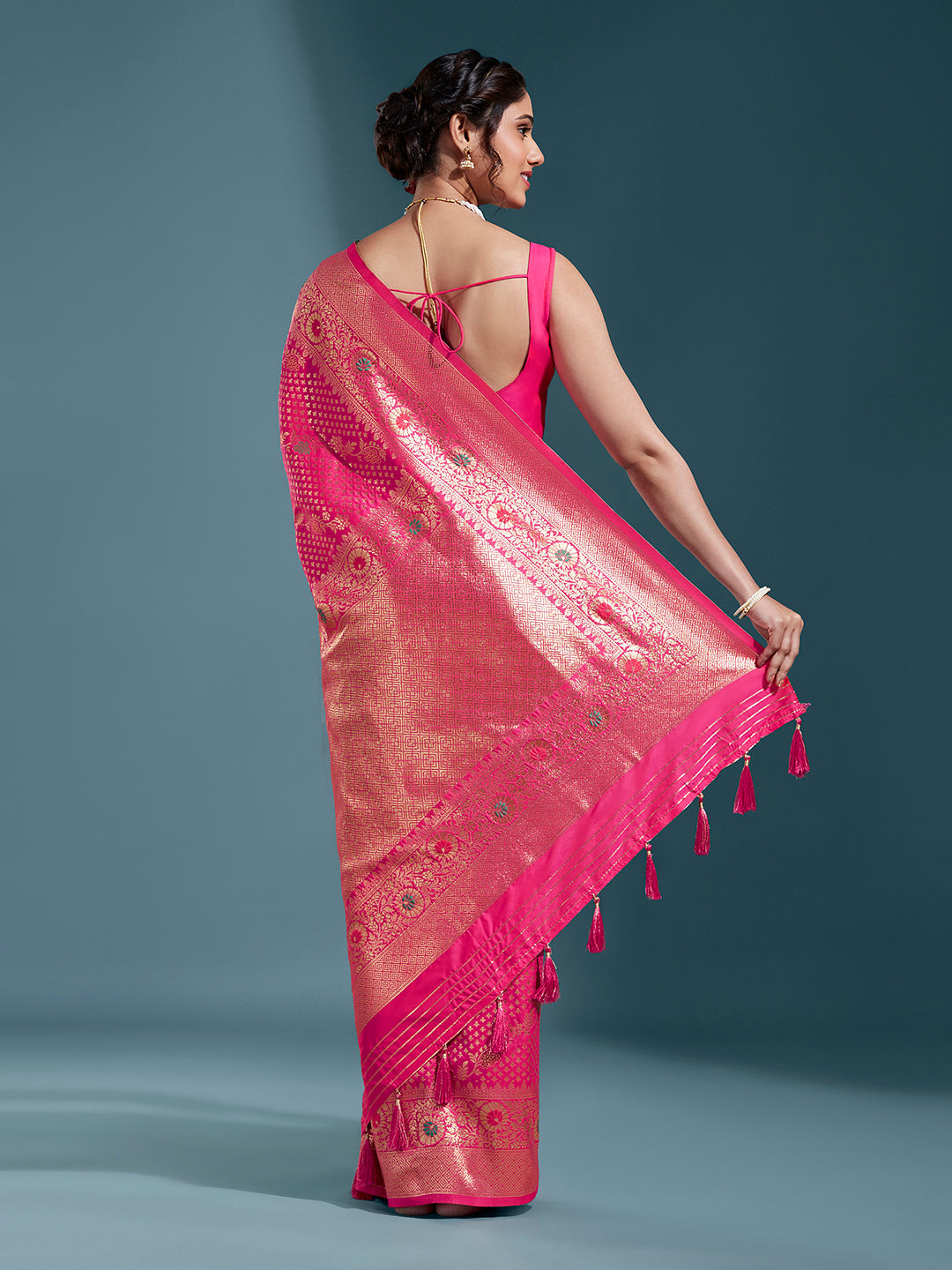 Women's Pink & Gold Satin Paisley Zari With Beautiful Meenakari Banarasi Saree - Royal Dwells