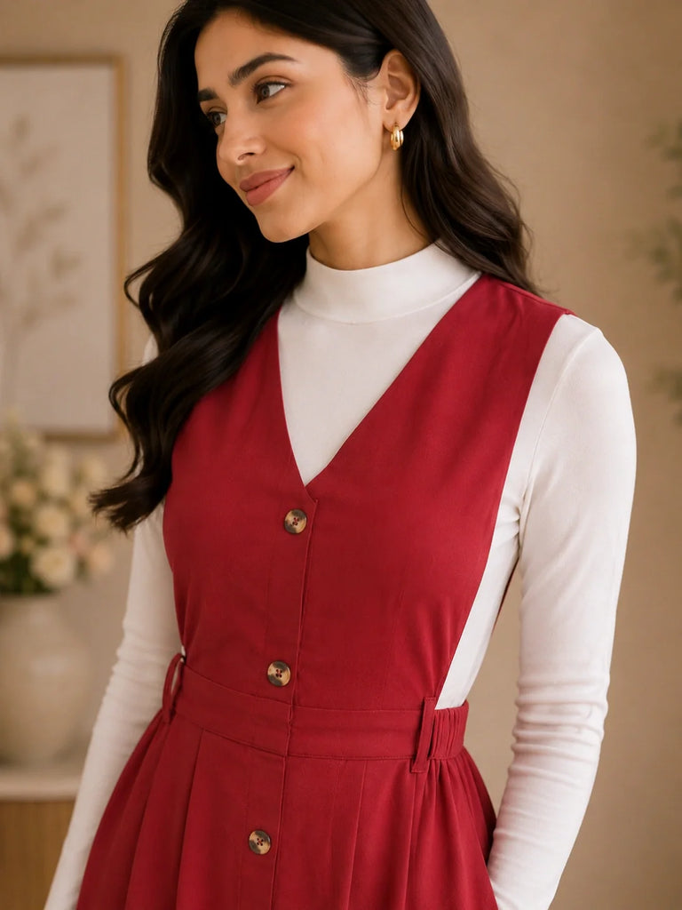 Women's Solid Maroon Button-Down Pinafore Dress
