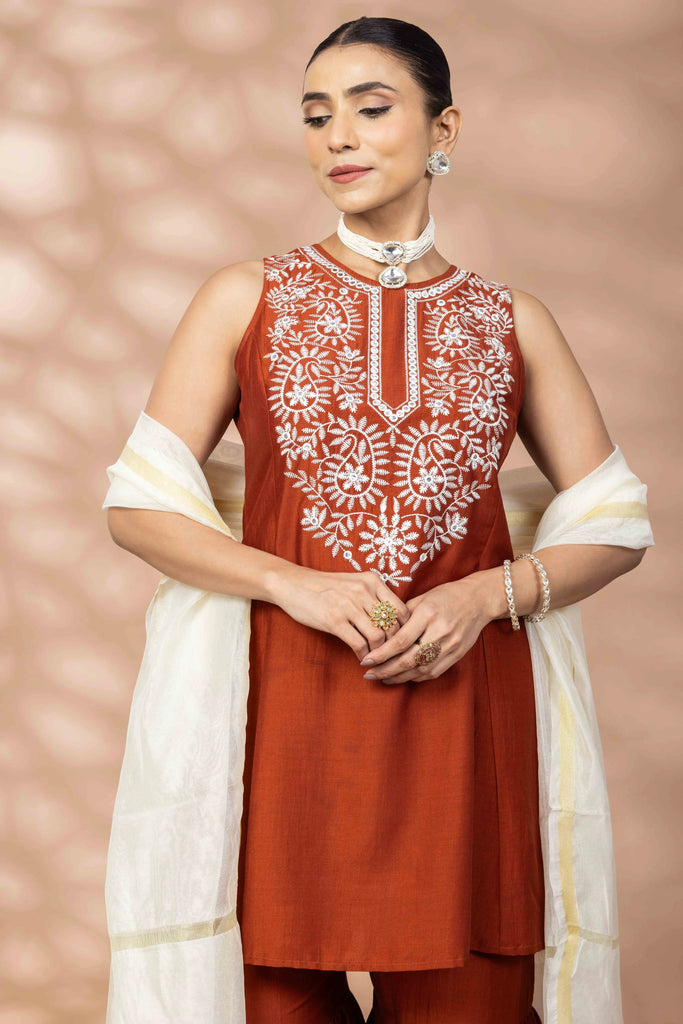 Women's Rust silk Flared Sharara Set
