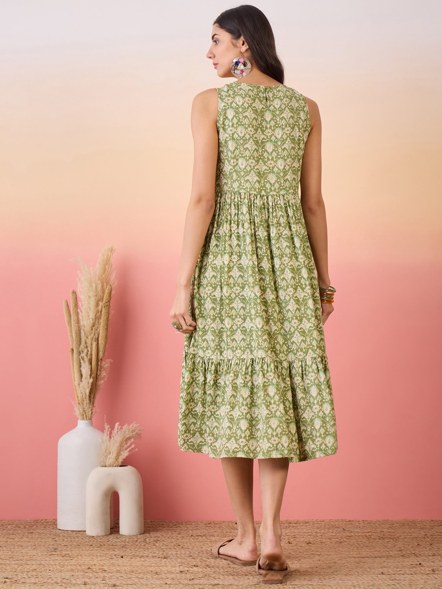 Women's Apple Green Ikkat Print Foil Front Pocket Dress - InWeave