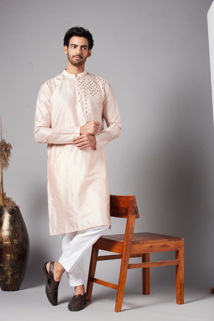 Men's Peach Color Rooyi Position Mirror Work Kurta Dupion