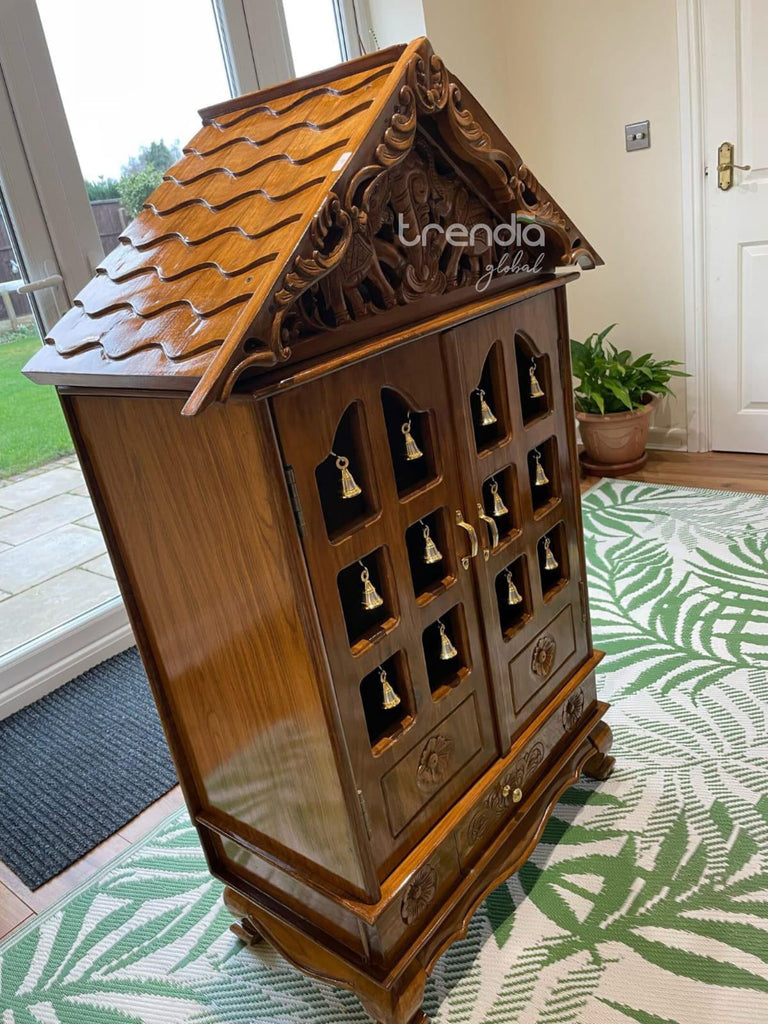 Hand-Carved Solid Teak Wood Temple with Bells