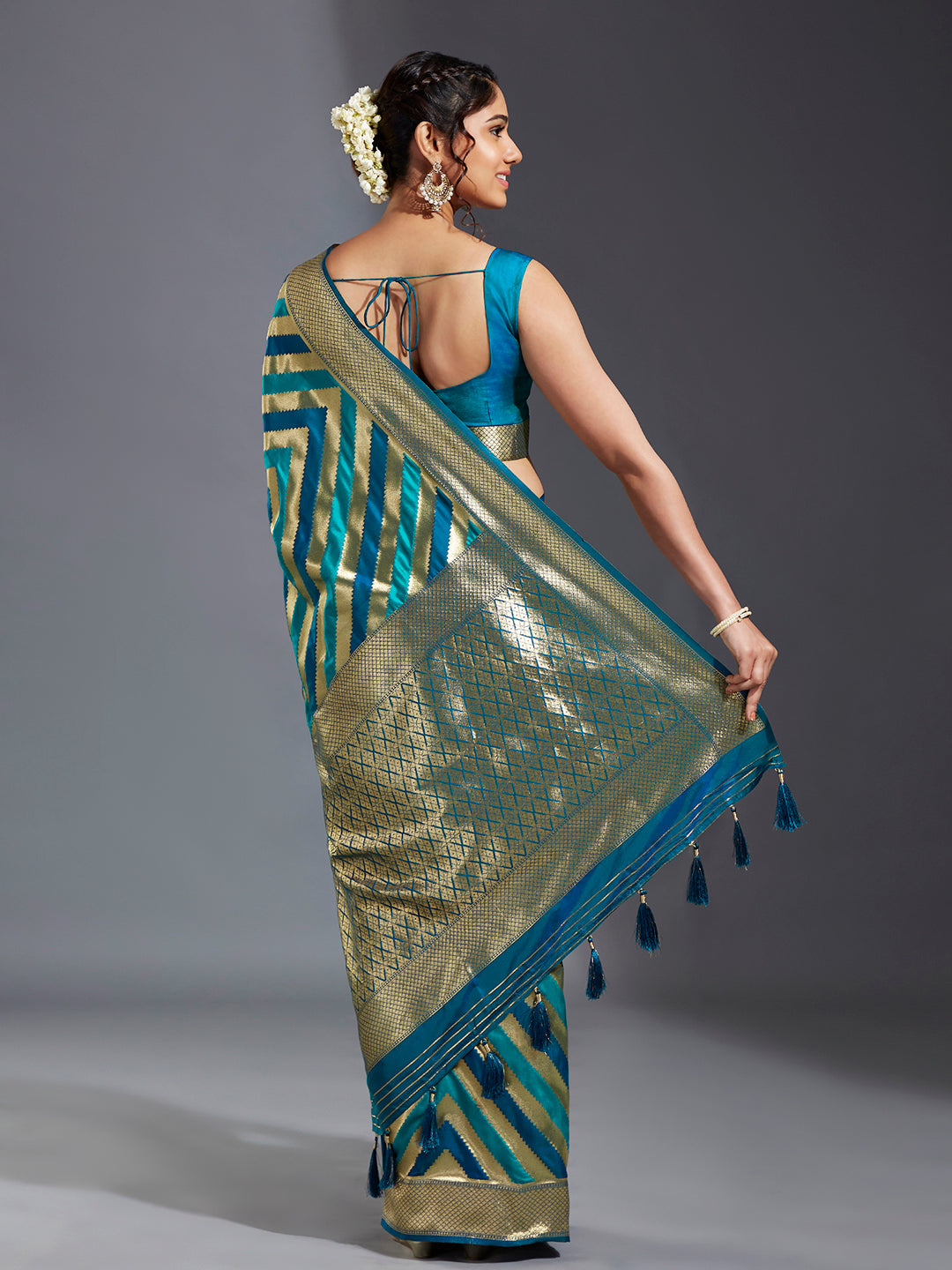 Women's Teal & Gold Satin Paisley Zari With Beautiful Leriya Banarasi Saree - Royal Dwells