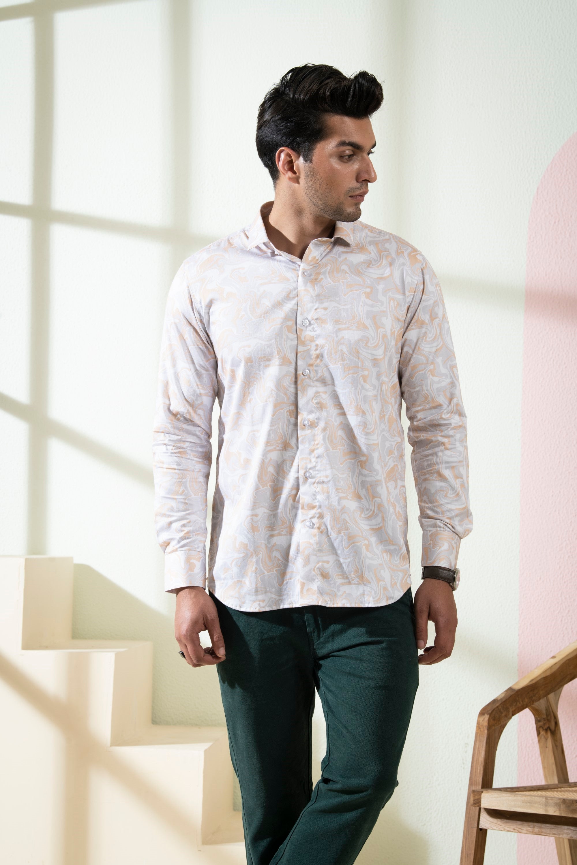 Men's Peach Color Marbleized Full Sleeves Shirt - Hilo Design