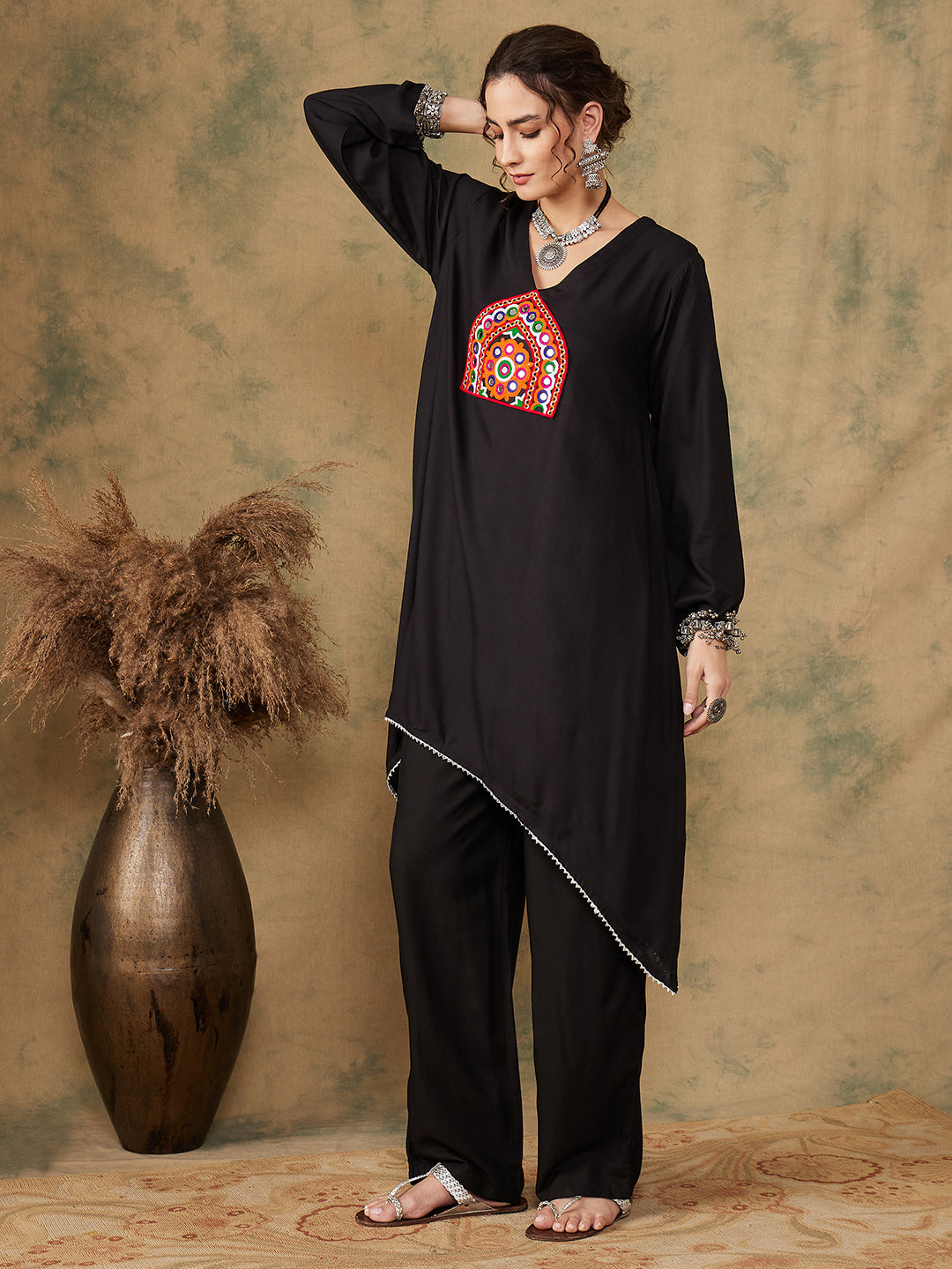 Women's Black Trangle Maroon Patch Work Assymentrical Kurta Set - InWeave