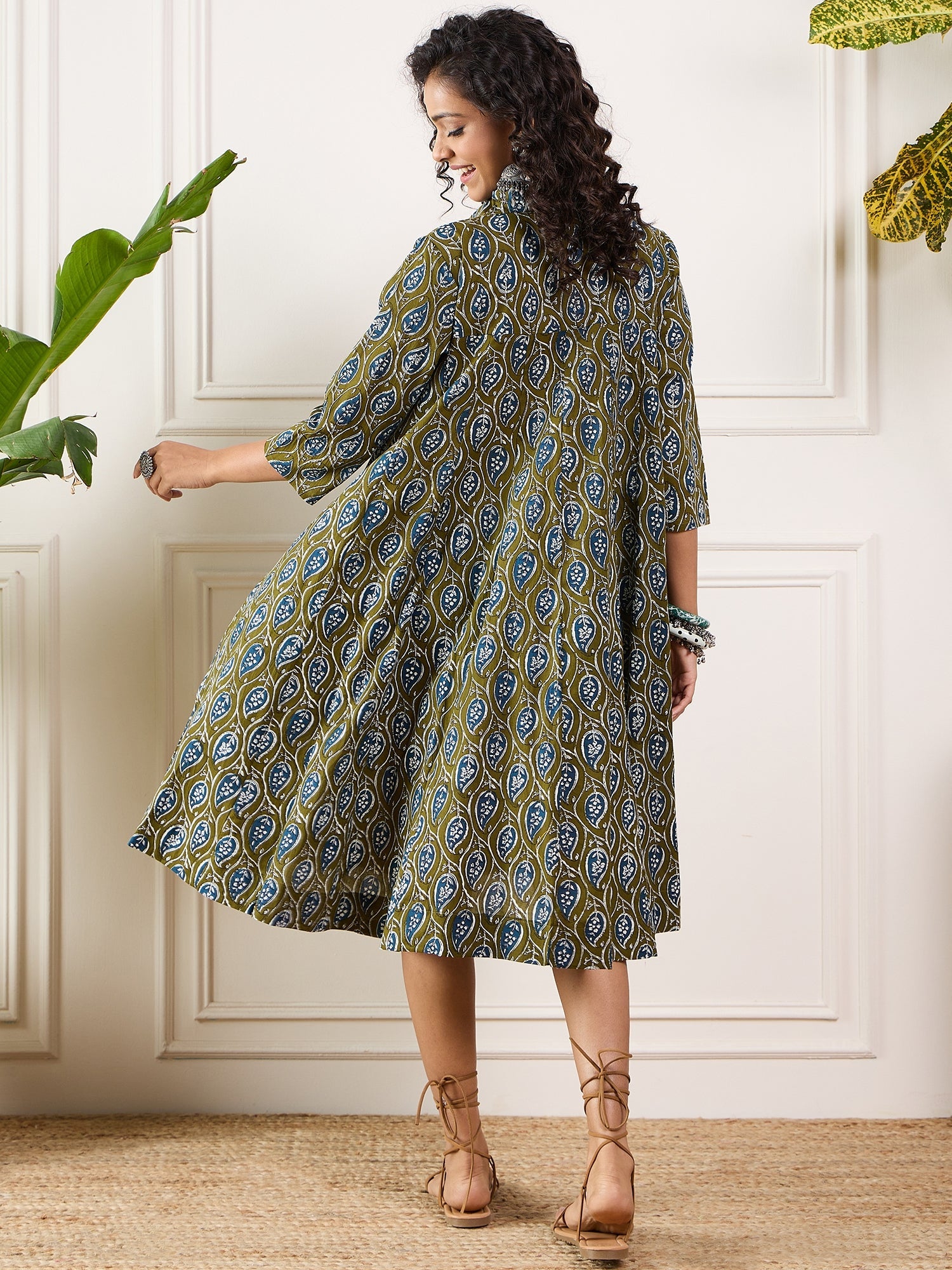 Women's Olive Indigo Ajrak Leaves Collar Flared Dress - InWeave