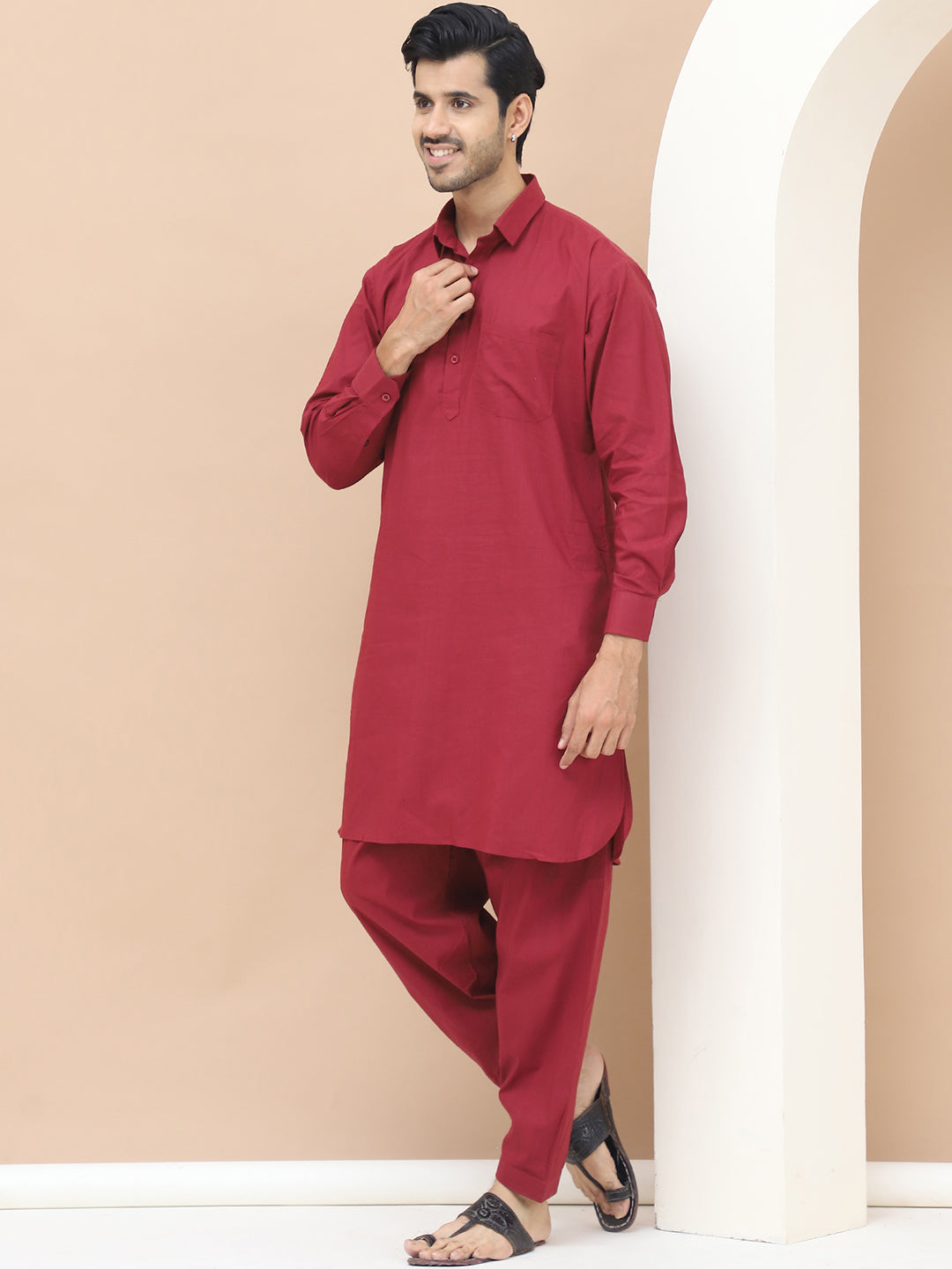 Men's  Maroon Cotton Solid Kurta Set - Grage