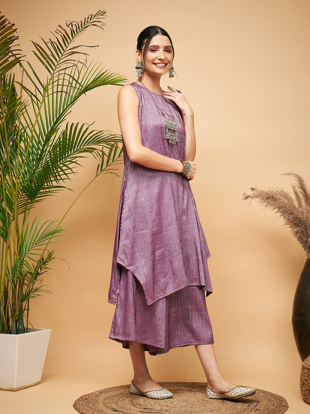 Women's Mauve Lurex Short Pallazo Kurta Set - InWeave