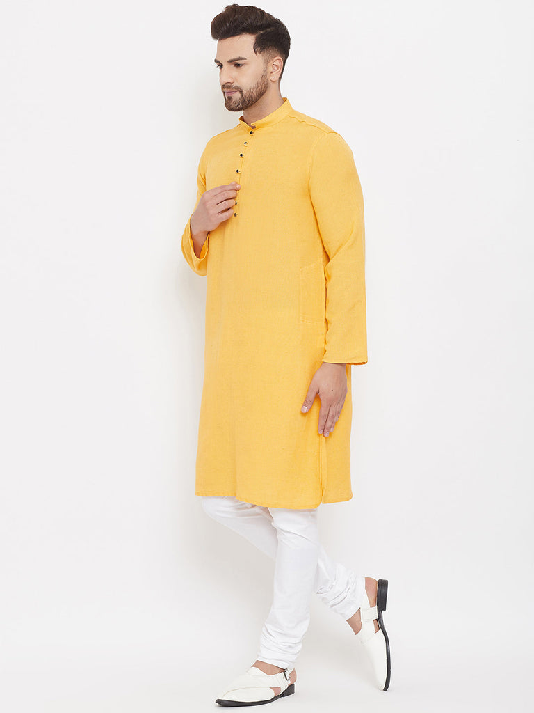Men's Solid Yellow Placket Detail Cotton Kurta