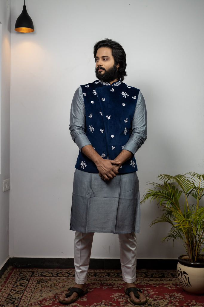 Men's Blue Color Jacket With Kurta Pant Set