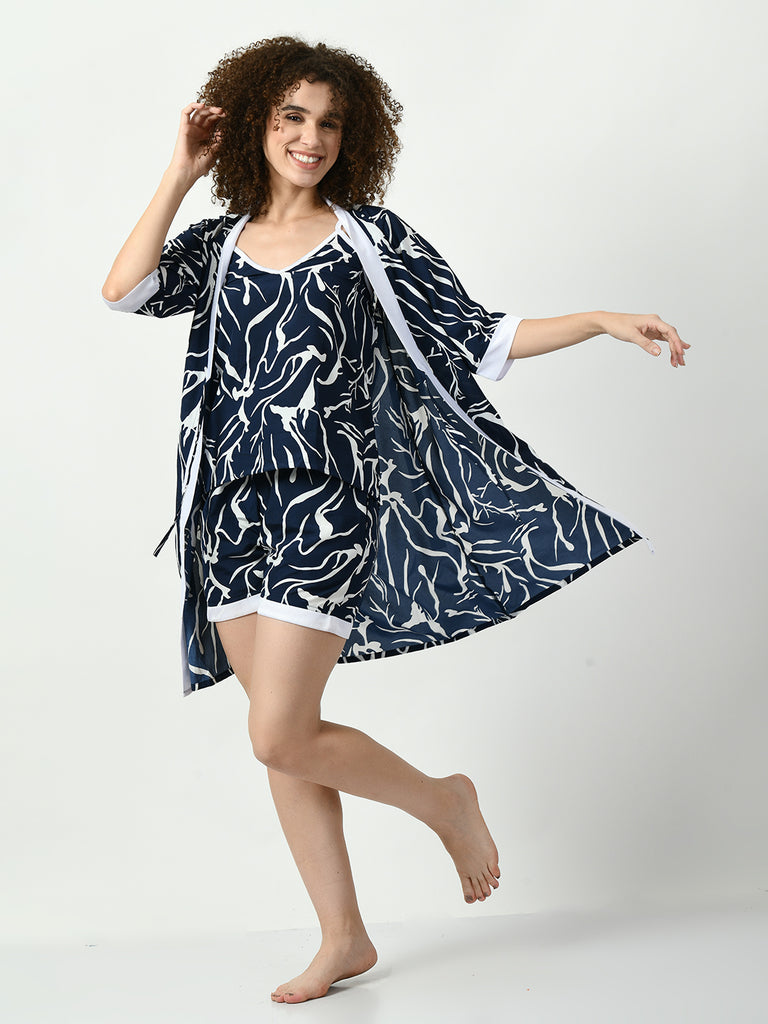 Women's Satin Navy Blue Nightdress