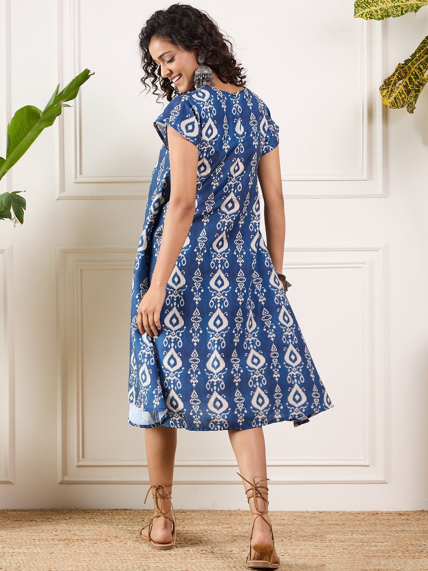 Women's Elegant Blue Ikkat Print Round Neck Aline Dress - InWeave