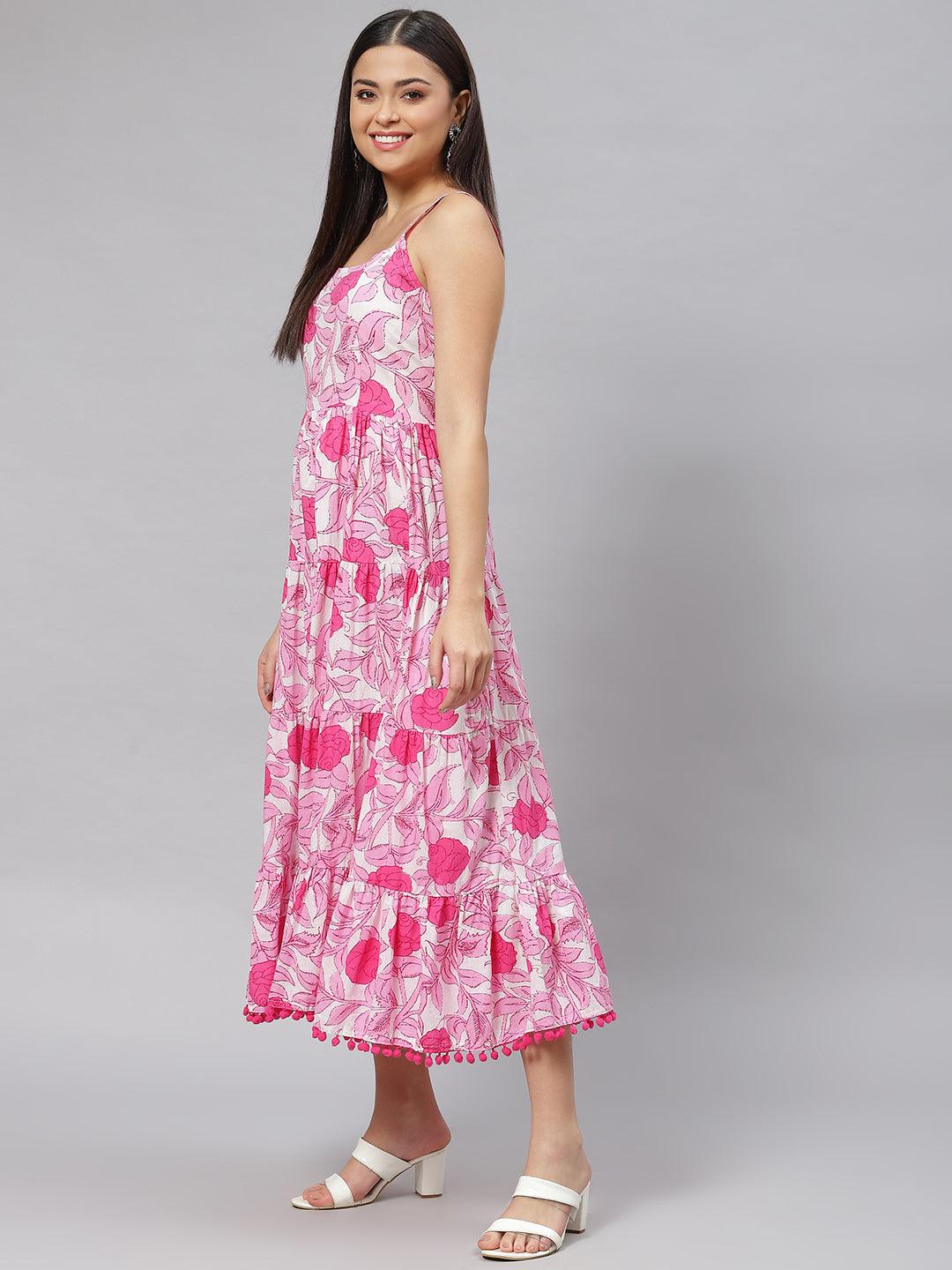 Women's white & Pink Floral Shoulder Strip Long Dress - Taantav