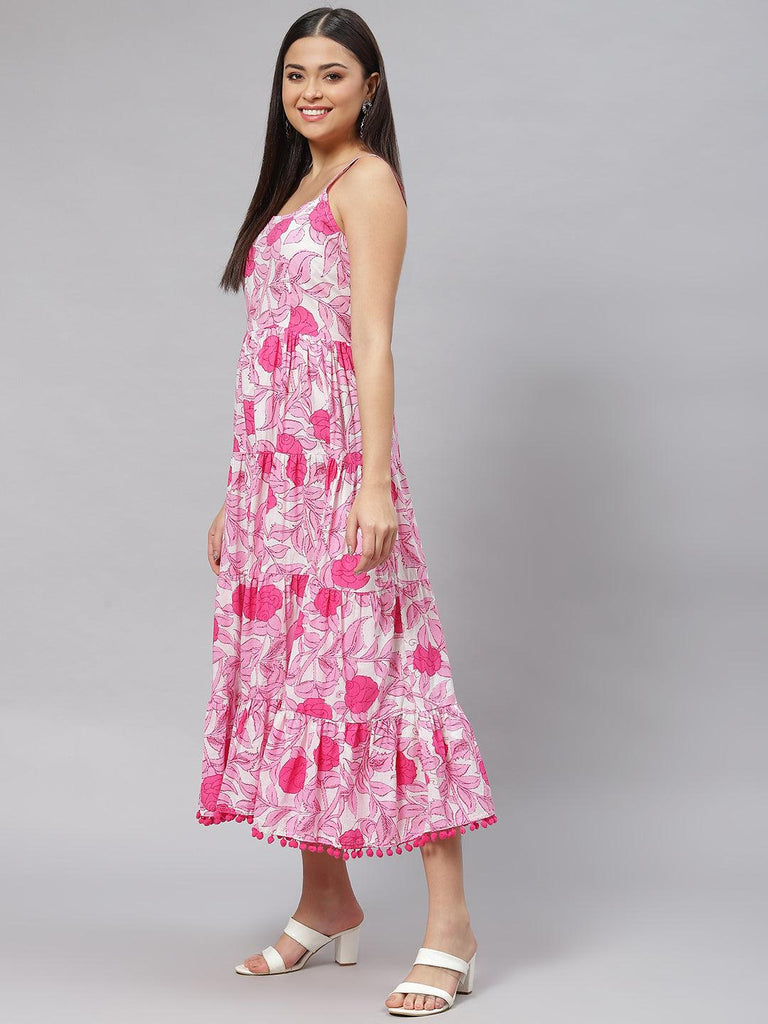 Women's white & Pink Floral Shoulder Strip Long Dress