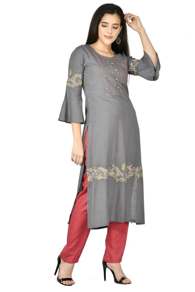 Women's Grey Cotton Rayon Embroidery Kurta Set