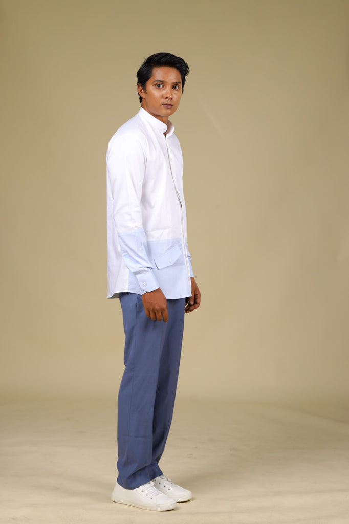 Men's White & Light Blue Color Light Sinum Shirt Full Sleeves Casual Shirt