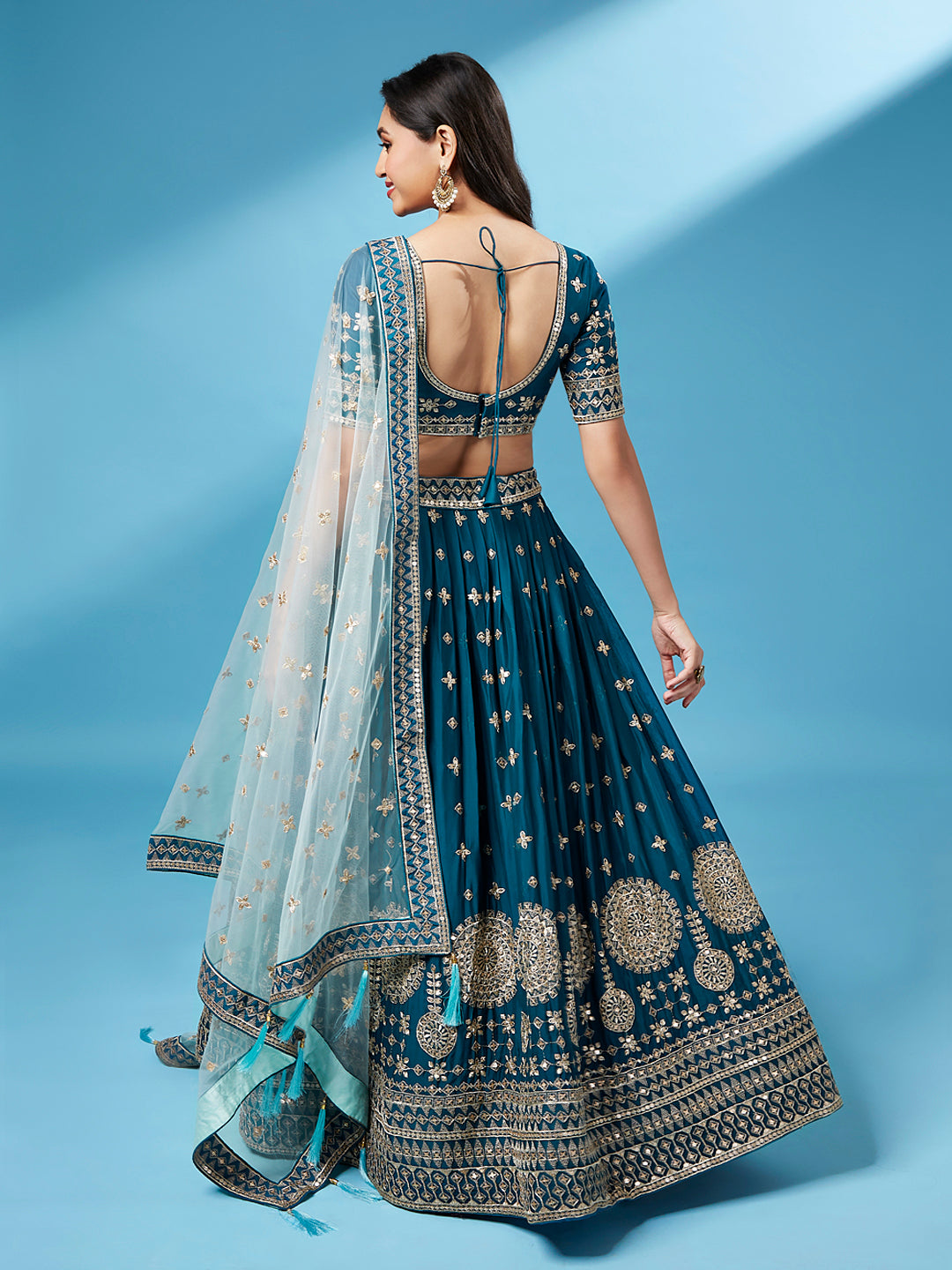 Women's Teal - Pure Georgette Embroidered Ready To Wear  Lehenga - Royal Dwells