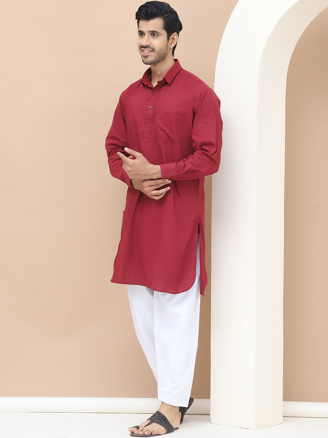 Men's  Maroon Cotton Solid Kurta Set - Grage