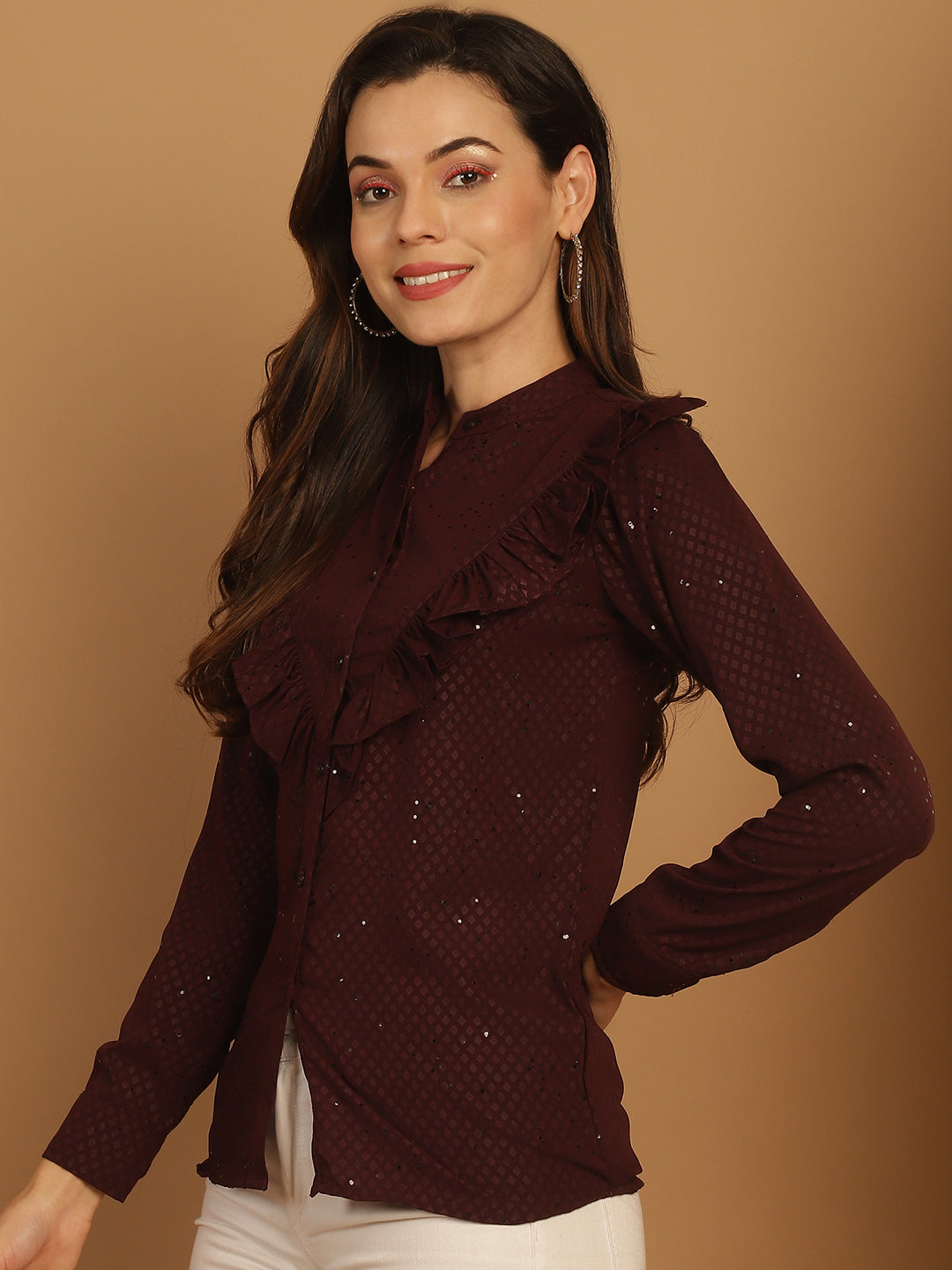 Women's Wine Woven Design Women's Top - Taantav