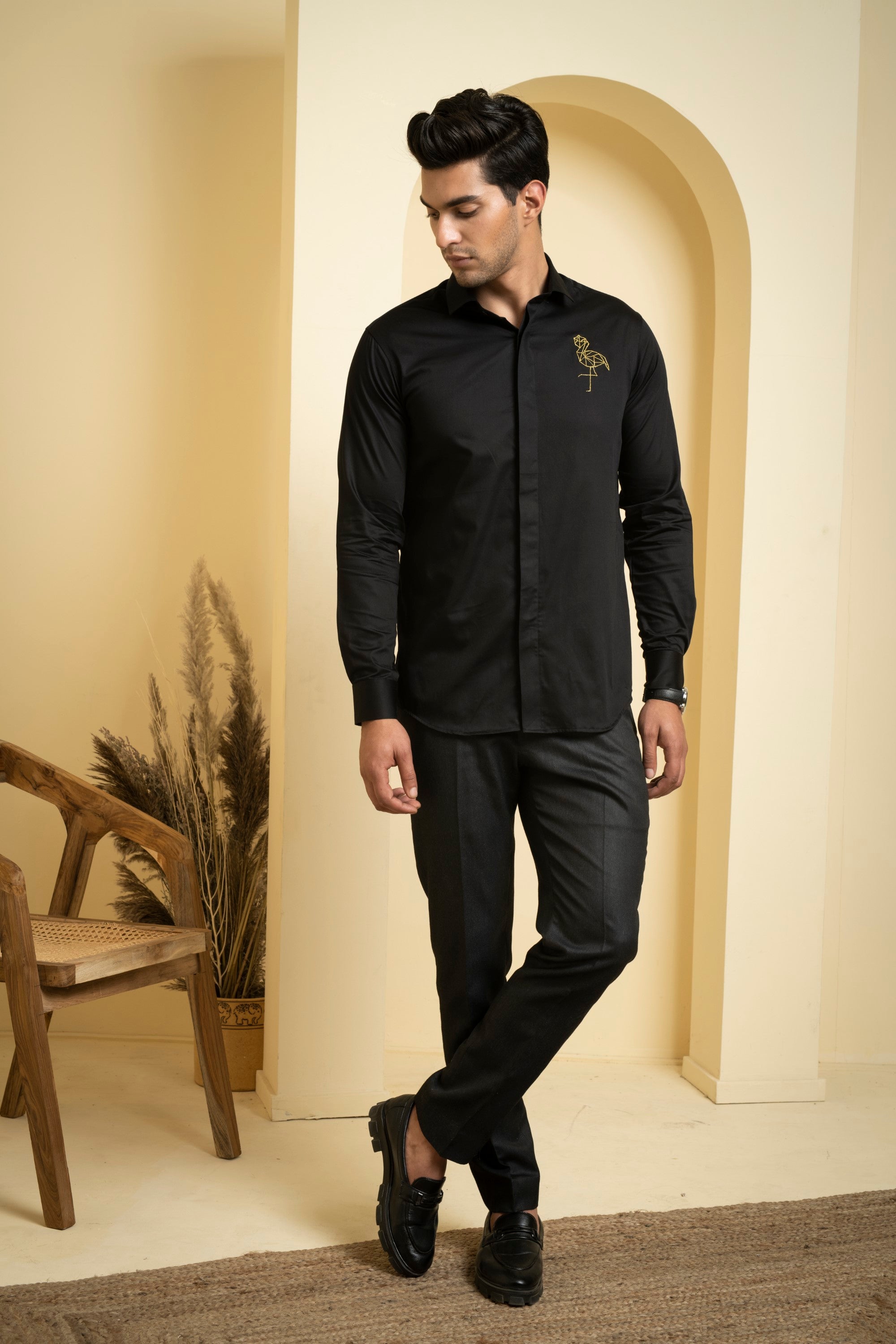Men's Black Color Perto Crane Shirt Full Sleeves Casual Shirt - Hilo Design