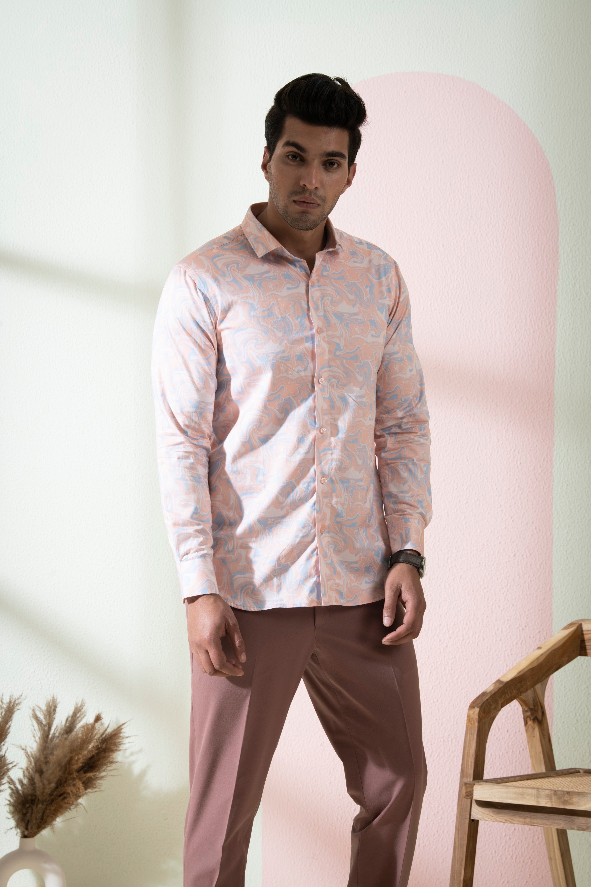 Men's Peach & Blue Color Scott Full Sleeves Shirt - Hilo Design