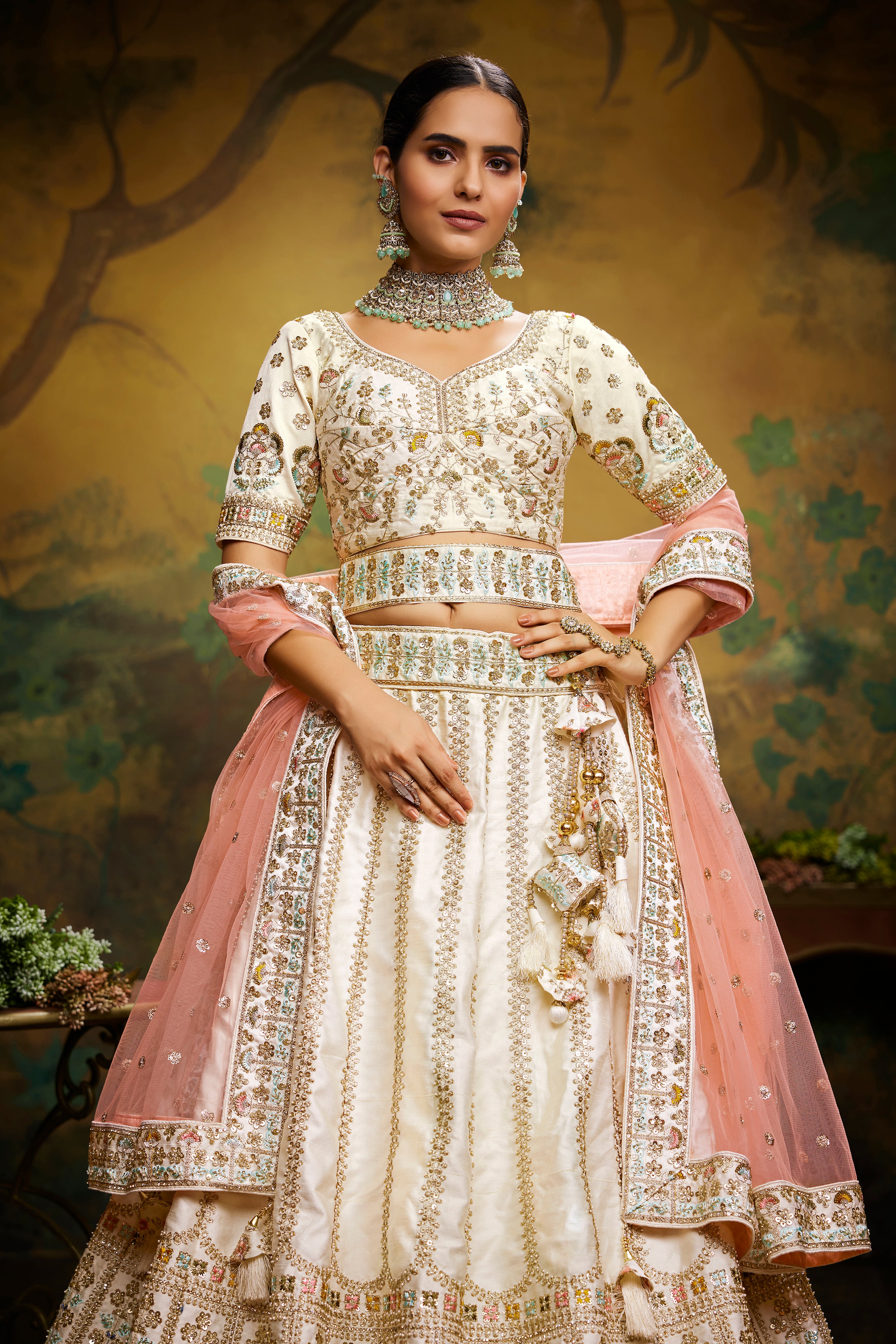 Women 's Off White Pure Silk Moti & Zarkan heavy embroidery Ready to Wear Lehenga choli & Dupatta - Royal Dwells