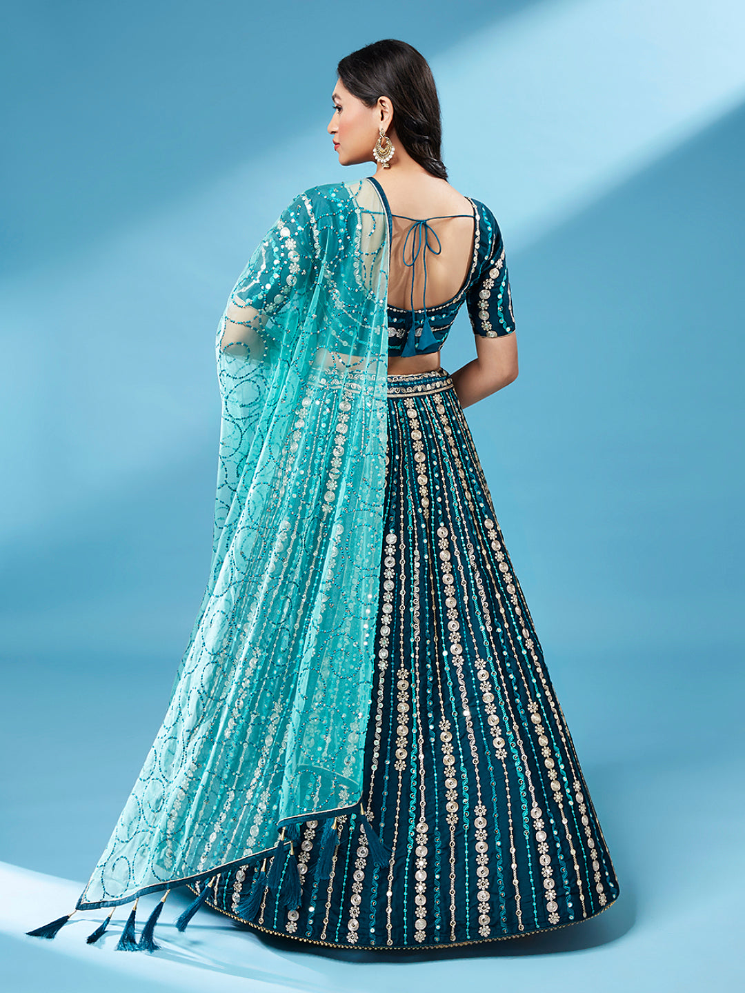 Women's Teal Pure Georgette Sequinse Work Lehenga & Unstitched Blouse With Dupatta - Royal Dwells