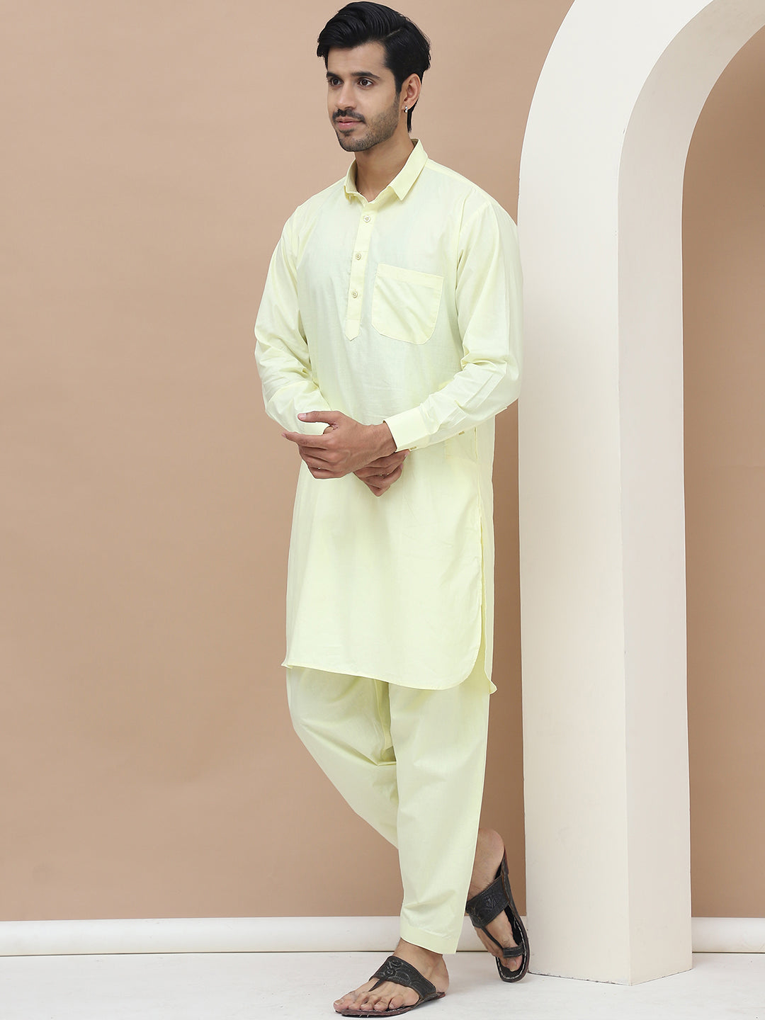 Men's  Lime Cotton Solid Kurta Set - Grage