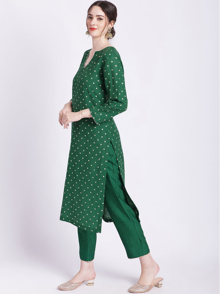 Women's Ethnic Green Banarasi Straight Kurti With Straight Pants