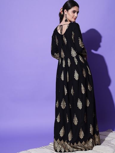 Women's H & N Golden Print Black Anarkali Kurta