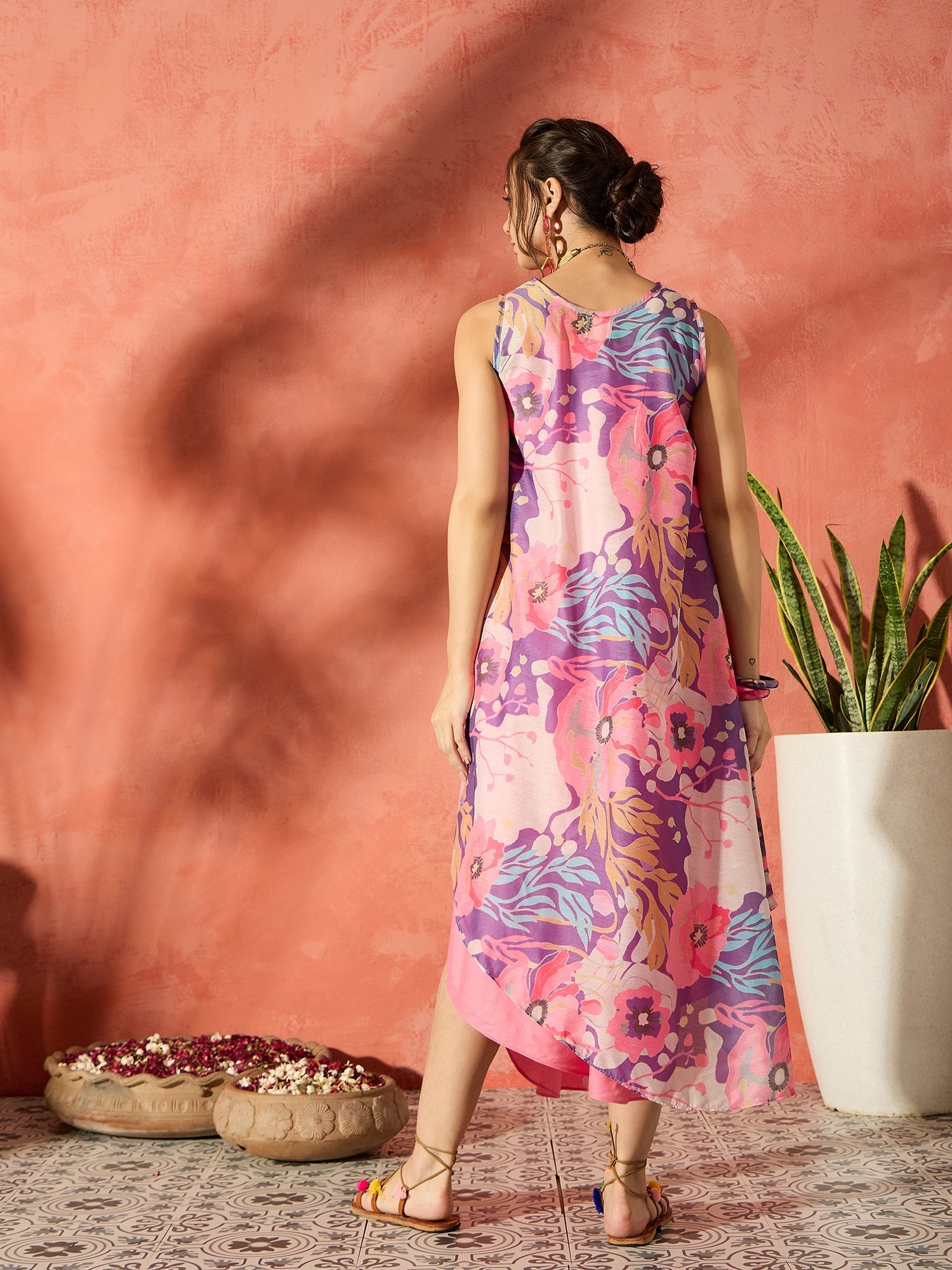 Women's Purple Floral Peach Asymmetrical Dress - InWeave